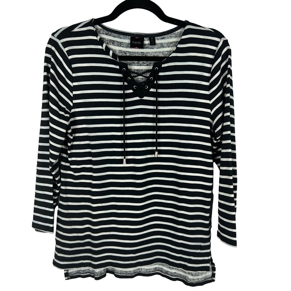 Rafaella Nautical Casual Cotton Long Sleeve Drawstring Neckline Top Medi…